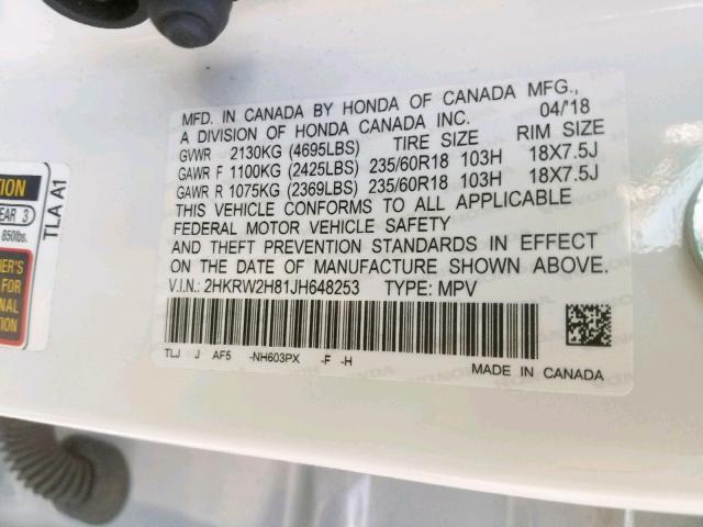 2HKRW2H81JH648253 - 2018 HONDA CR-V EXL WHITE photo 10