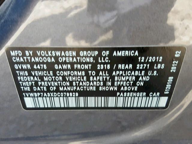 1VWBP7A3XDC079829 - 2013 VOLKSWAGEN PASSAT SE GRAY photo 10