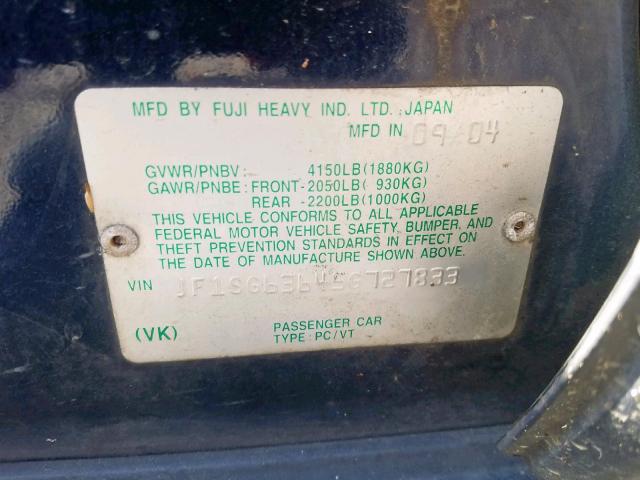 JF1SG63645G727833 - 2005 SUBARU FORESTER 2 BLUE photo 10