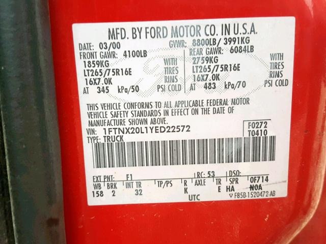 1FTNX20L1YED22572 - 2000 FORD F250 SUPER RED photo 10