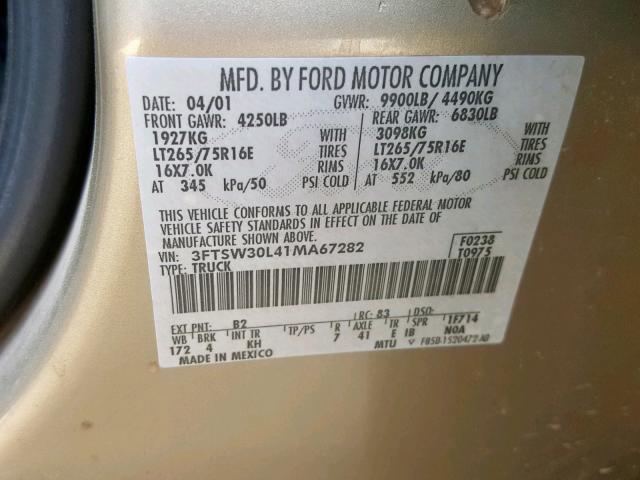 3FTSW30L41MA67282 - 2001 FORD F350 SRW S GOLD photo 10