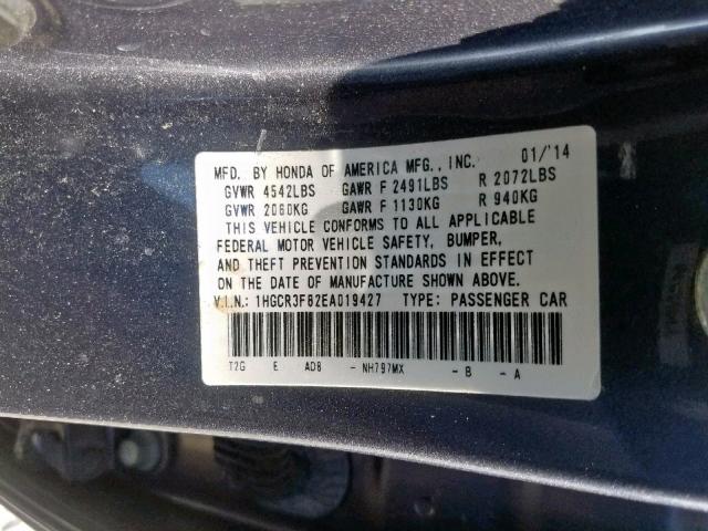 1HGCR3F82EA019427 - 2014 HONDA ACCORD EXL GRAY photo 10