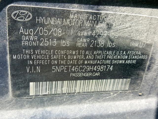 5NPET46C29H498174 - 2009 HYUNDAI SONATA GLS BLUE photo 10