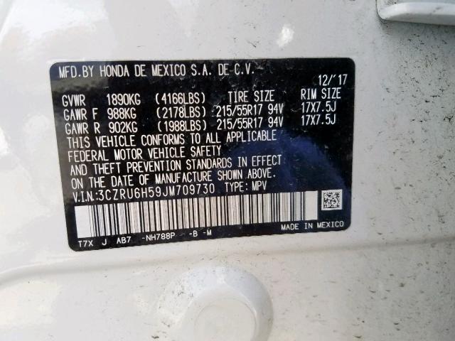 3CZRU6H59JM709730 - 2018 HONDA HR-V EX WHITE photo 10