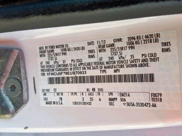 1FMCU0F78EUB70933 - 2014 FORD ESCAPE S WHITE photo 10