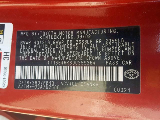 4T1BE46K69U359364 - 2009 TOYOTA CAMRY BASE RED photo 10