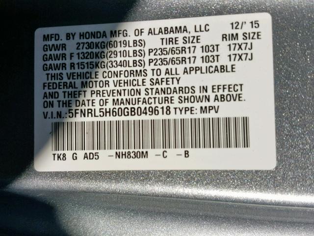 5FNRL5H60GB049618 - 2016 HONDA ODYSSEY EX SILVER photo 10