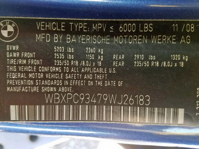 WBXPC93479WJ26183 - 2009 BMW X3 XDRIVE3 BLUE photo 10