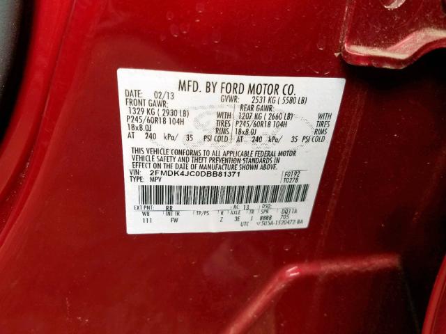 2FMDK4JC0DBB81371 - 2013 FORD EDGE SEL RED photo 10