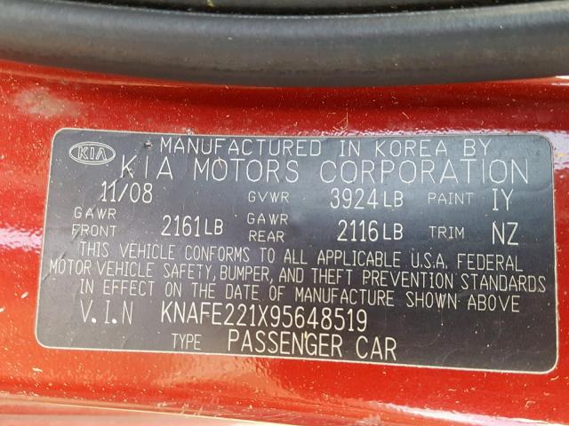 KNAFE221X95648519 - 2009 KIA SPECTRA EX RED photo 10