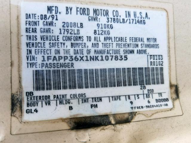 1FAPP36X1NK107835 - 1992 FORD TEMPO GL CREAM photo 10