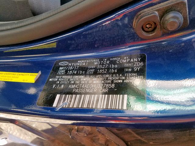 KMHCT4AE0HU327858 - 2017 HYUNDAI ACCENT SE BLUE photo 10