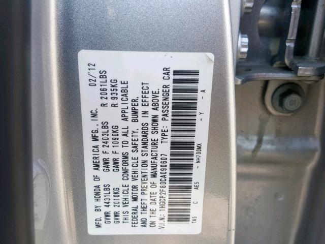 1HGCP2F80CA090607 - 2012 HONDA ACCORD EXL SILVER photo 10