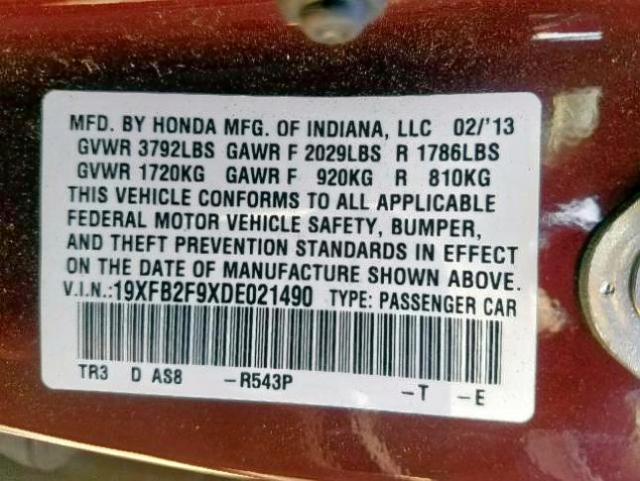 19XFB2F9XDE021490 - 2013 HONDA CIVIC EXL 栗色 照片 10