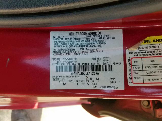 3FAHP0JG0CR412696 - 2012 FORD FUSION SEL RED photo 10