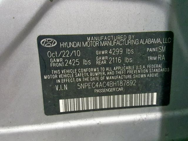 5NPEC4AC4BH187892 - 2011 HYUNDAI SONATA SE SILVER photo 10