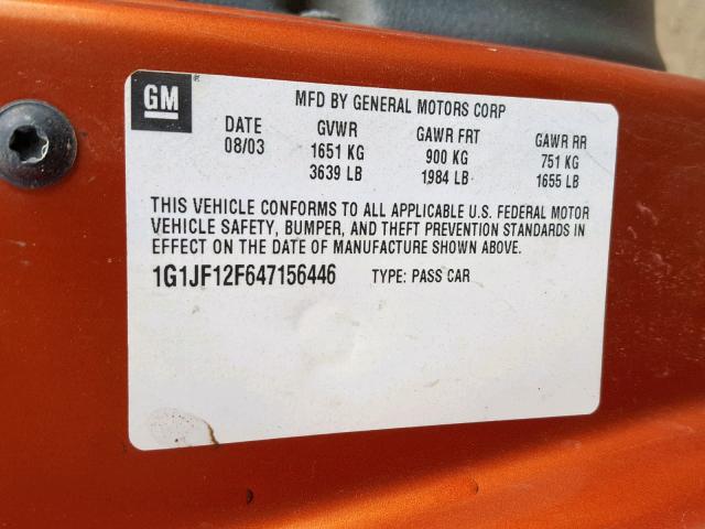 1G1JF12F647156446 - 2004 CHEVROLET CAVALIER L ORANGE photo 10