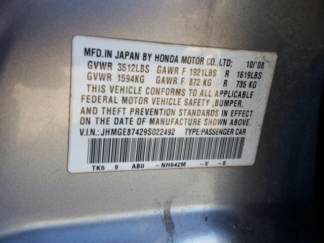 JHMGE87429S022492 - 2009 HONDA FIT SPORT SILVER photo 10