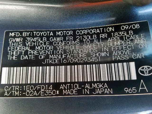 JTKDE167090293451 - 2009 TOYOTA SCION TC ნაცრისფერი ფოტო 10