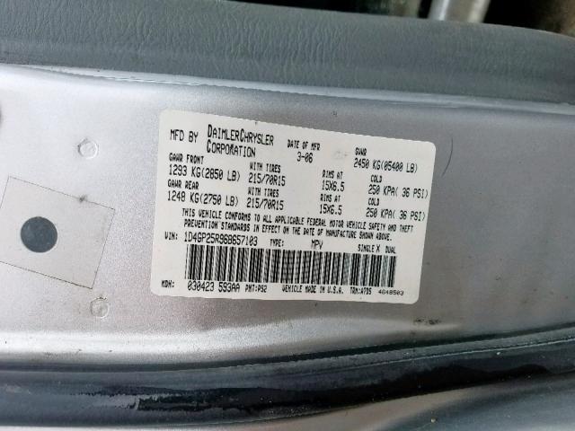 1D4GP25R96B657103 - 2006 DODGE CARAVAN SE SILVER photo 10