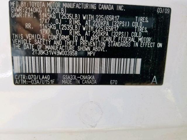 2T3BK31V49W003958 - 2009 TOYOTA RAV4 LIMIT WHITE photo 10