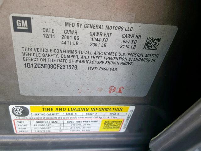 1G1ZC5E08CF231579 - 2012 CHEVROLET MALIBU 1LT 棕色 照片 10