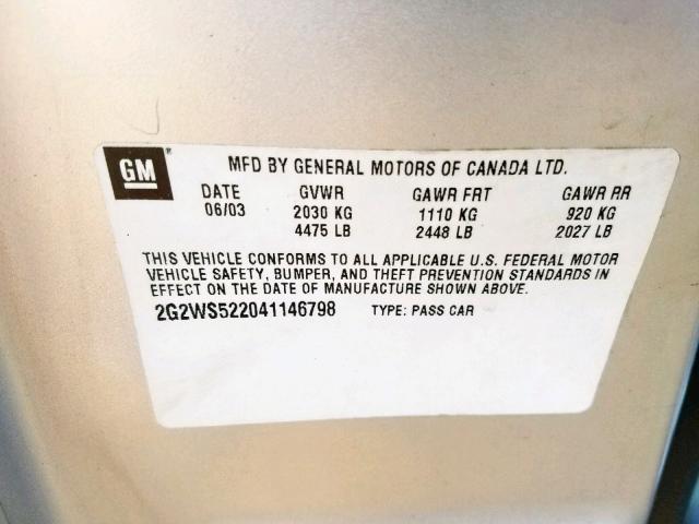 2G2WS522041146798 - 2004 PONTIAC GRAND PRIX SILVER photo 10