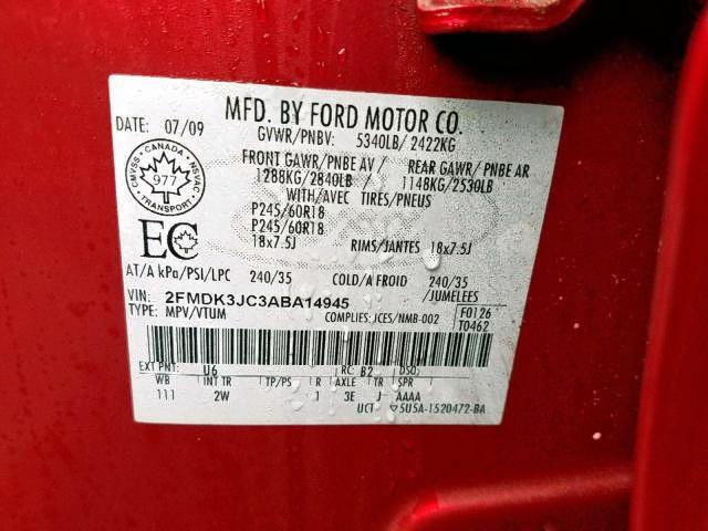 2FMDK3JC3ABA14945 - 2010 FORD EDGE SEL RED photo 9