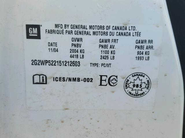 2G2WP522151212603 - 2005 PONTIAC GRAND PRIX WHITE photo 10