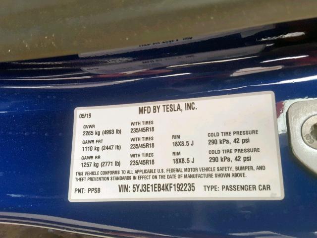 5YJ3E1EB4KF192235 - 2019 TESLA MODEL 3 BLUE photo 10