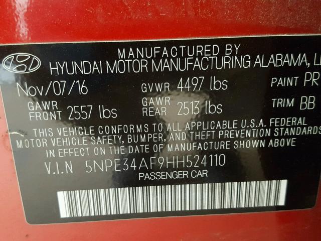 5NPE34AF9HH524110 - 2017 HYUNDAI SONATA SPO RED photo 10