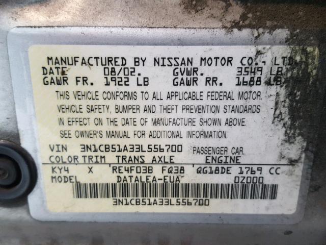 3N1CB51A33L556700 - 2003 NISSAN SENTRA GXE SILVER photo 10