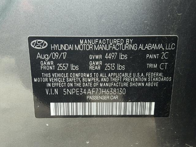 5NPE34AF7JH638130 - 2018 HYUNDAI SONATA SPO GRAY photo 10