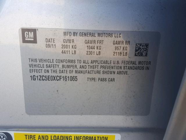 1G1ZC5E0XCF161065 - 2012 CHEVROLET MALIBU 1LT SILVER photo 10