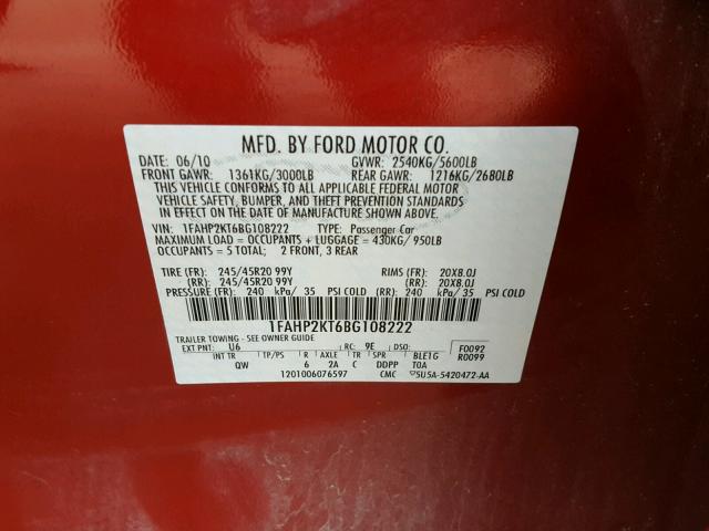 1FAHP2KT6BG108222 - 2011 FORD TAURUS SHO RED photo 10