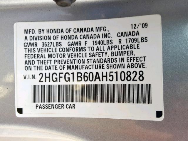 2HGFG1B60AH510828 - 2010 HONDA CIVIC LX SILVER photo 10