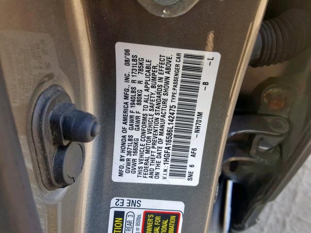 1HGFA16586L142475 - 2006 HONDA CIVIC LX GRAY photo 10