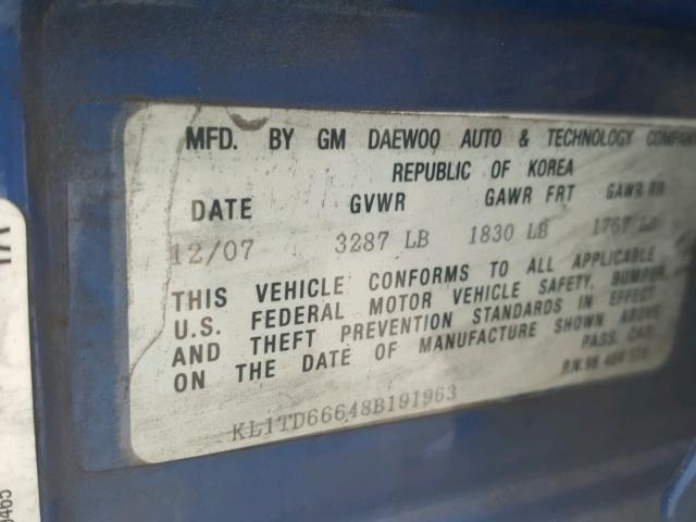 KL1TD66648B191963 - 2008 CHEVROLET AVEO BASE ლურჯი ფოტო 10