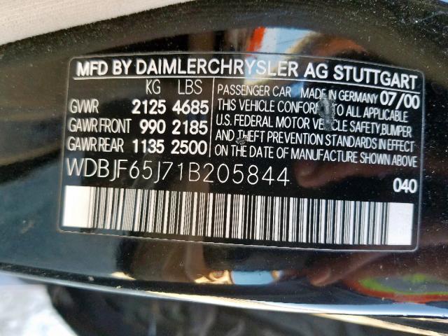 WDBJF65J71B205844 - 2001 MERCEDES-BENZ E 320 BLACK photo 10