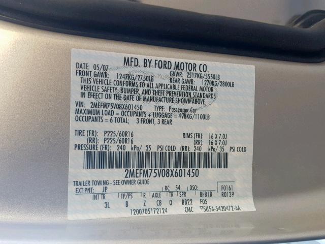 2MEFM75V08X601450 - 2008 MERCURY GRAND MARQ SILVER photo 10