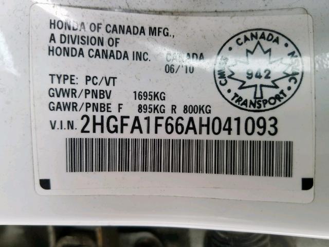 2HGFA1F66AH041093 - 2010 HONDA CIVIC LX-S თეთრი ფოტო 10