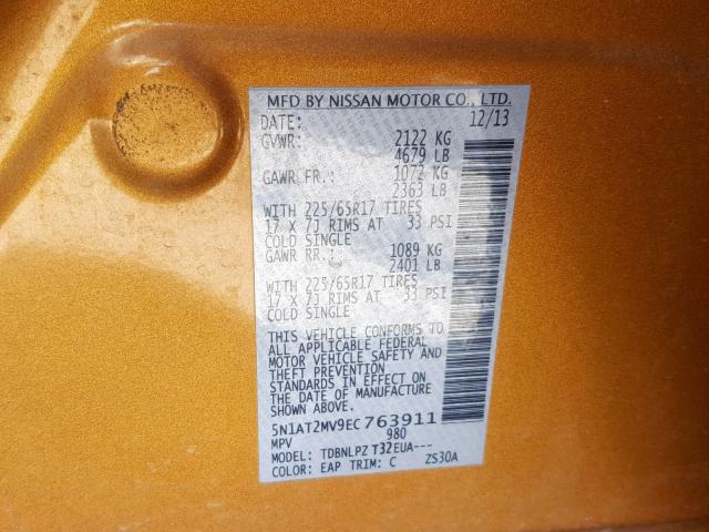 5N1AT2MV9EC763911 - 2014 NISSAN ROGUE S GOLD photo 10