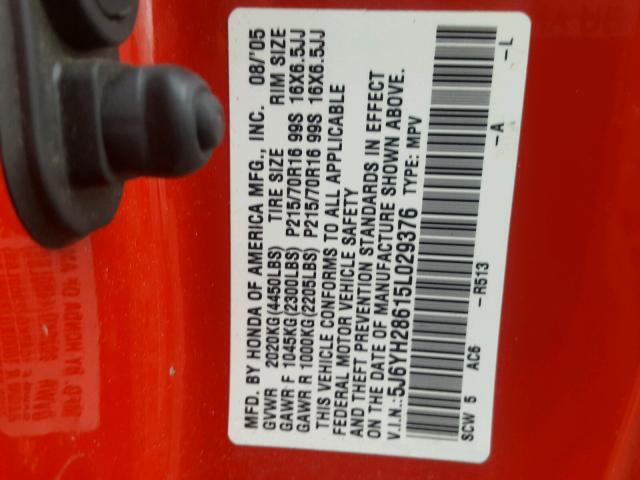 5J6YH28615L029376 - 2005 HONDA ELEMENT EX RED photo 10