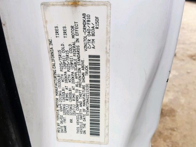 5TEWN72N42Z113191 - 2002 TOYOTA TACOMA 4X4 WHITE photo 10