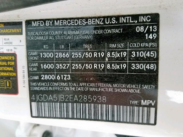 4JGDA5JB2EA285938 - 2014 MERCEDES-BENZ ML 350 WHITE photo 10