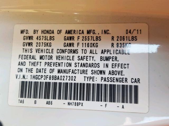 1HGCP3F89BA027302 - 2011 HONDA ACCORD EXL WHITE photo 10