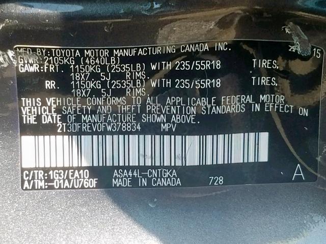 2T3DFREV0FW378834 - 2015 TOYOTA RAV4 LIMIT GRAY photo 10