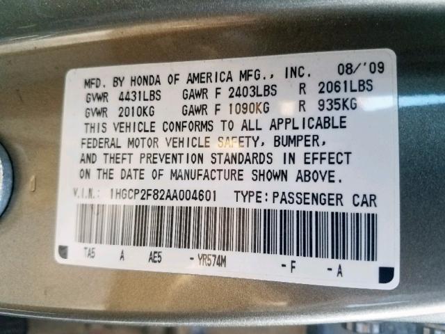 1HGCP2F82AA004601 - 2010 HONDA ACCORD EXL GOLD photo 10