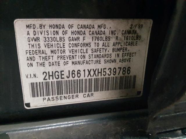 2HGEJ661XXH539786 - 1999 HONDA CIVIC BASE GREEN photo 10
