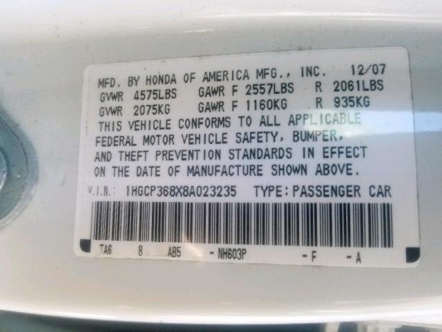 1HGCP368X8A023235 - 2008 HONDA ACCORD EXL CREAM photo 10